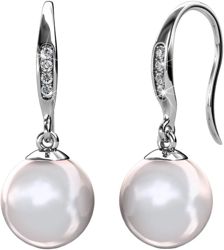 Cate & Chloe Betty 18K White Gold Plated Freshwater Pearl Earrings with Crystals, Beautiful Classic Pearl Drop Dangle Earrings, Women's Special Occasion Jewelry