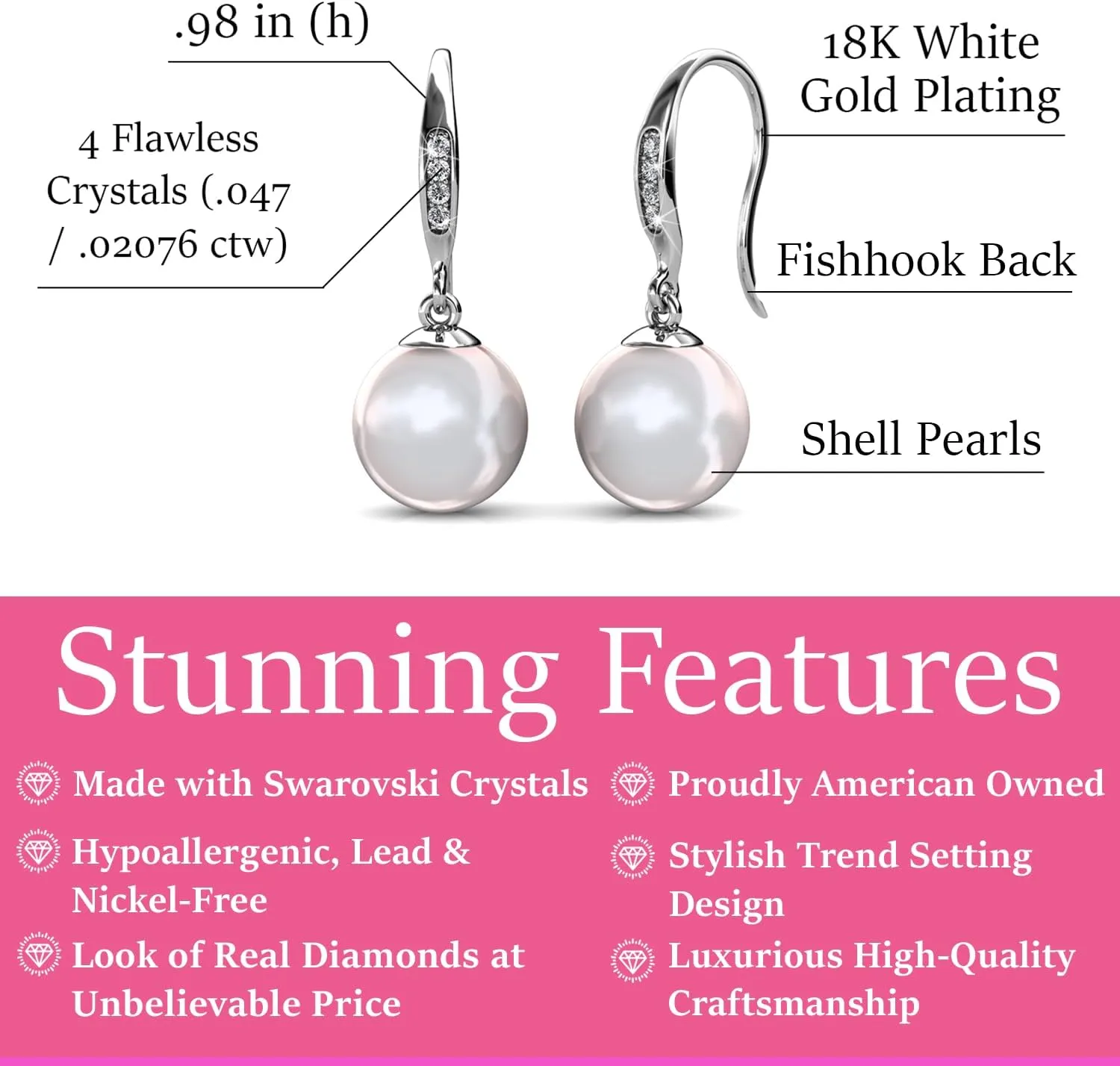 Cate & Chloe Betty 18K White Gold Plated Freshwater Pearl Earrings with Crystals, Beautiful Classic Pearl Drop Dangle Earrings, Women's Special Occasion Jewelry