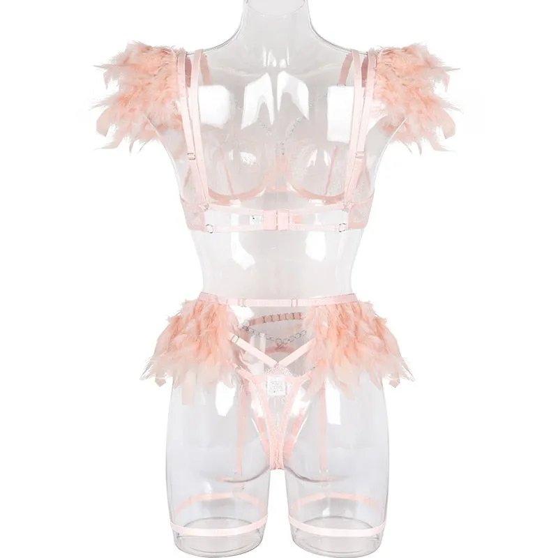 Chain Strap Flamingo Feather Lingerie Set