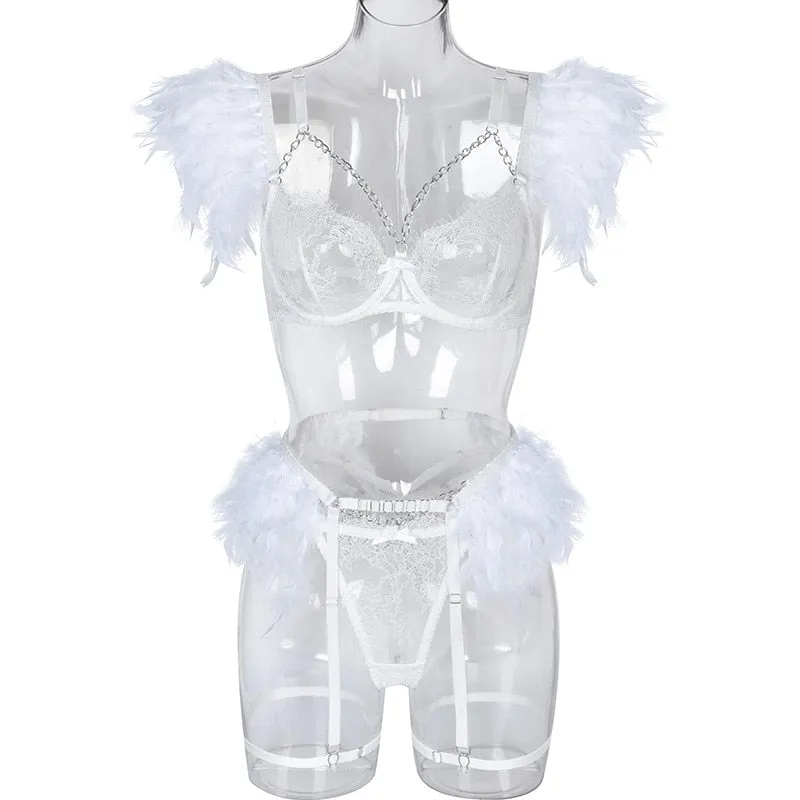 Chain Strap Flamingo Feather Lingerie Set
