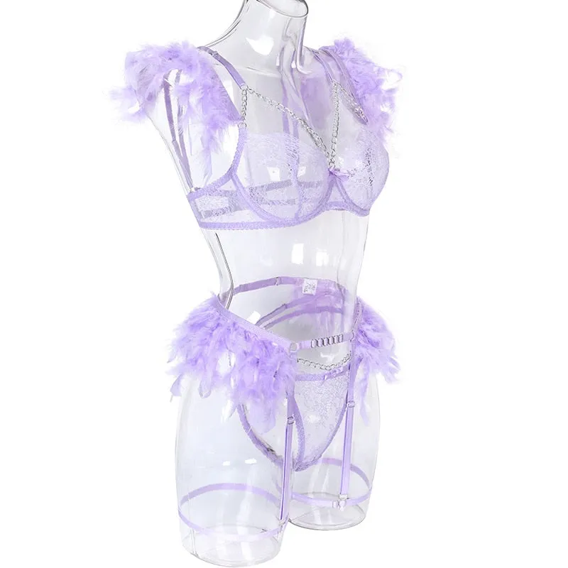 Chain Strap Flamingo Feather Lingerie Set
