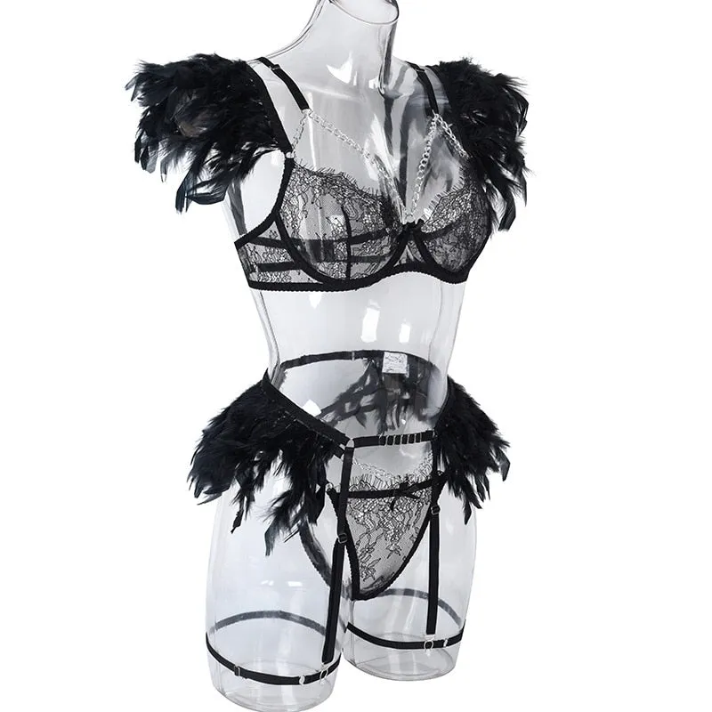 Chain Strap Flamingo Feather Lingerie Set