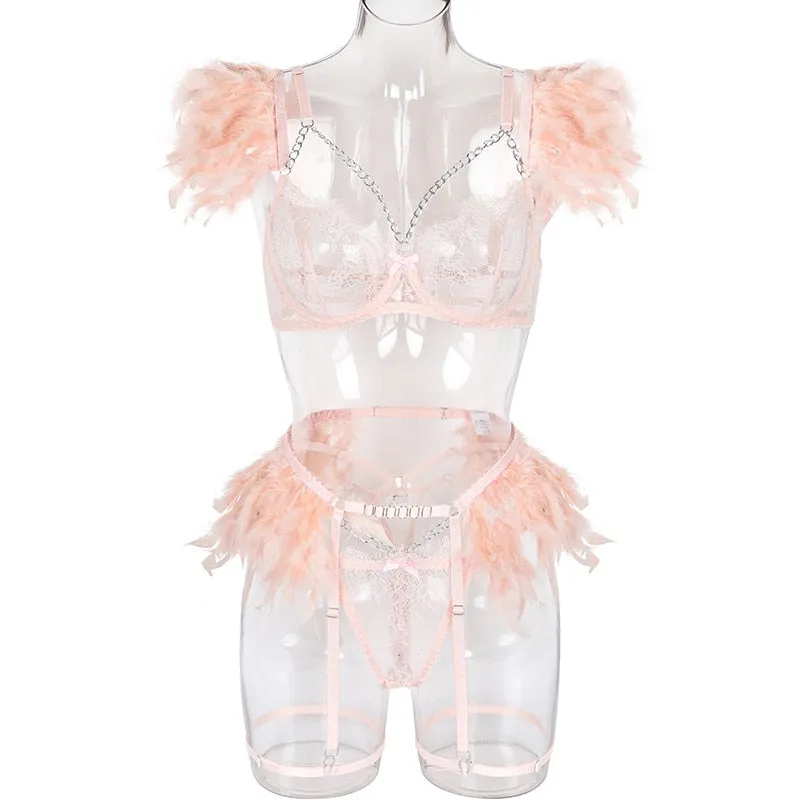 Chain Strap Flamingo Feather Lingerie Set