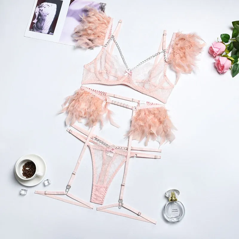 Chain Strap Flamingo Feather Lingerie Set