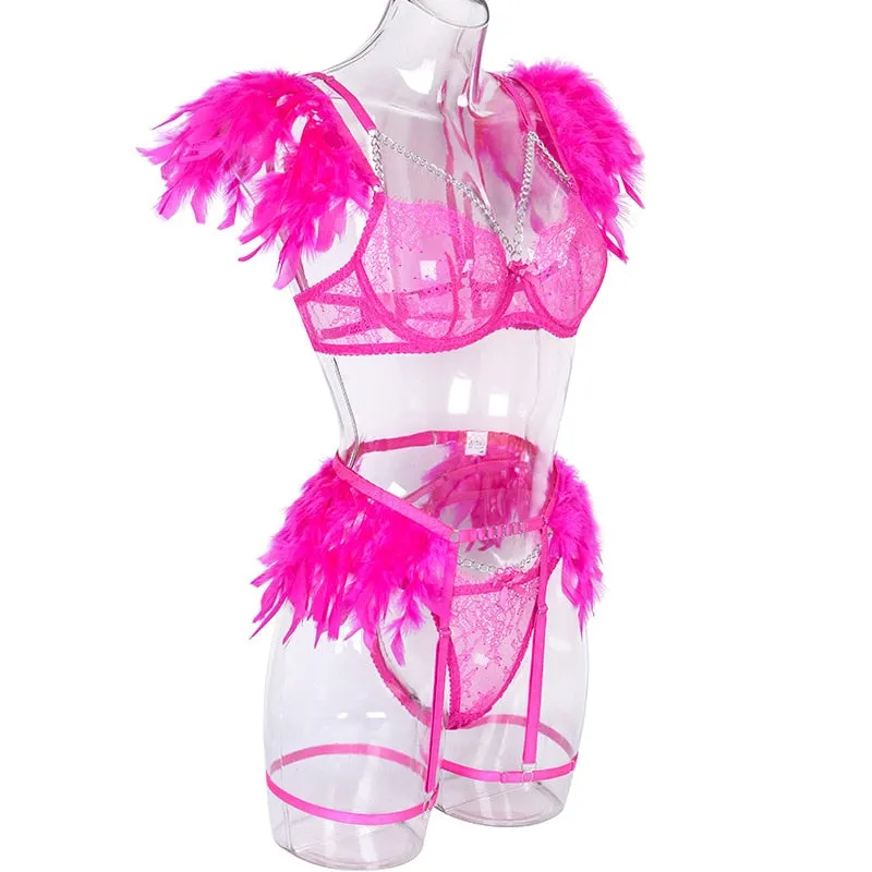 Chain Strap Flamingo Feather Lingerie Set