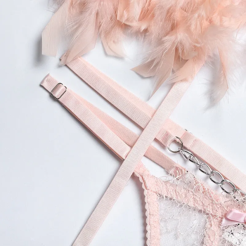 Chain Strap Flamingo Feather Lingerie Set