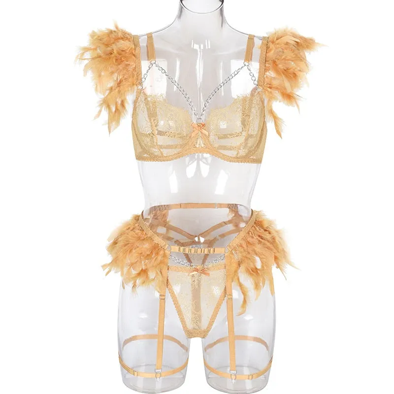 Chain Strap Flamingo Feather Lingerie Set