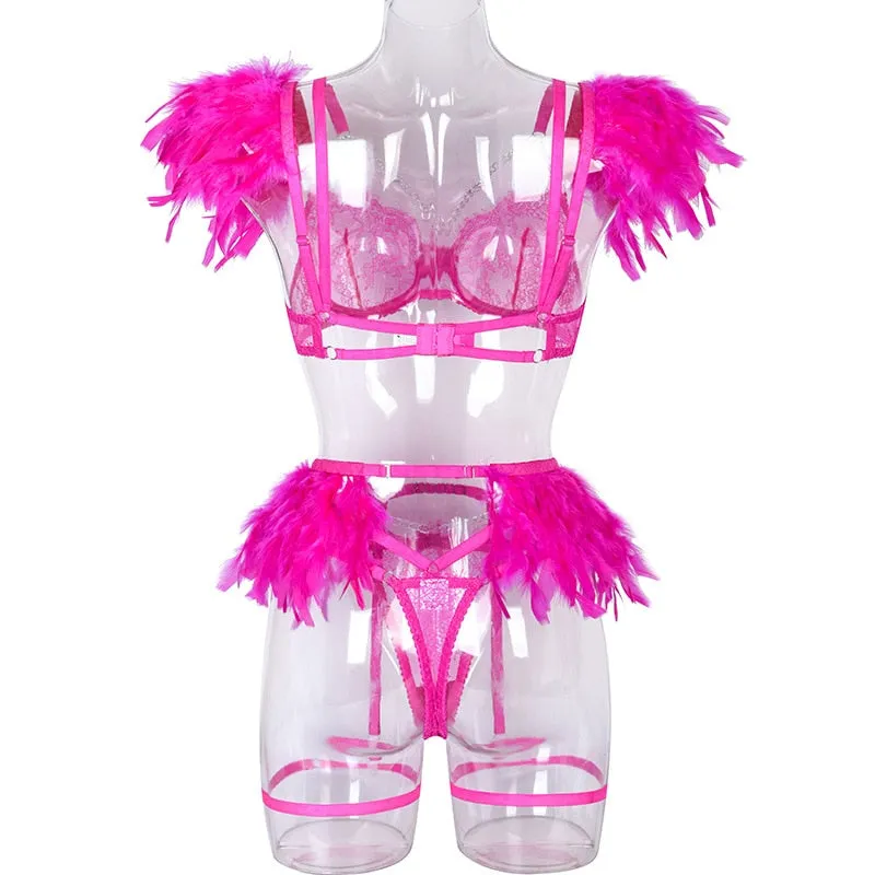 Chain Strap Flamingo Feather Lingerie Set