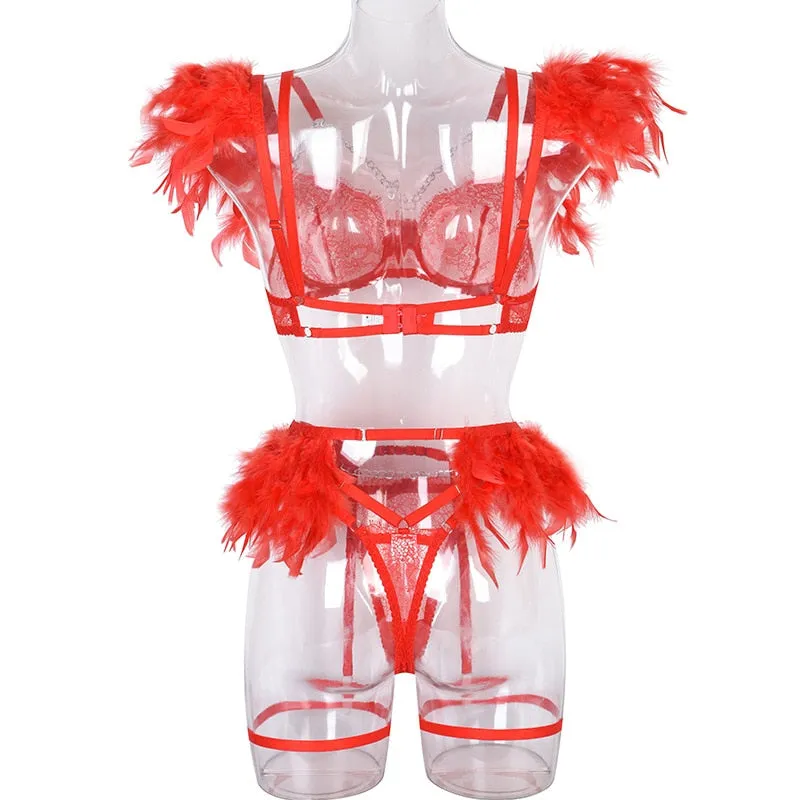 Chain Strap Flamingo Feather Lingerie Set