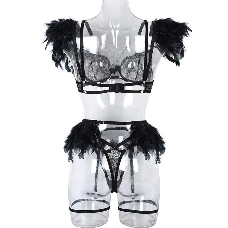 Chain Strap Flamingo Feather Lingerie Set