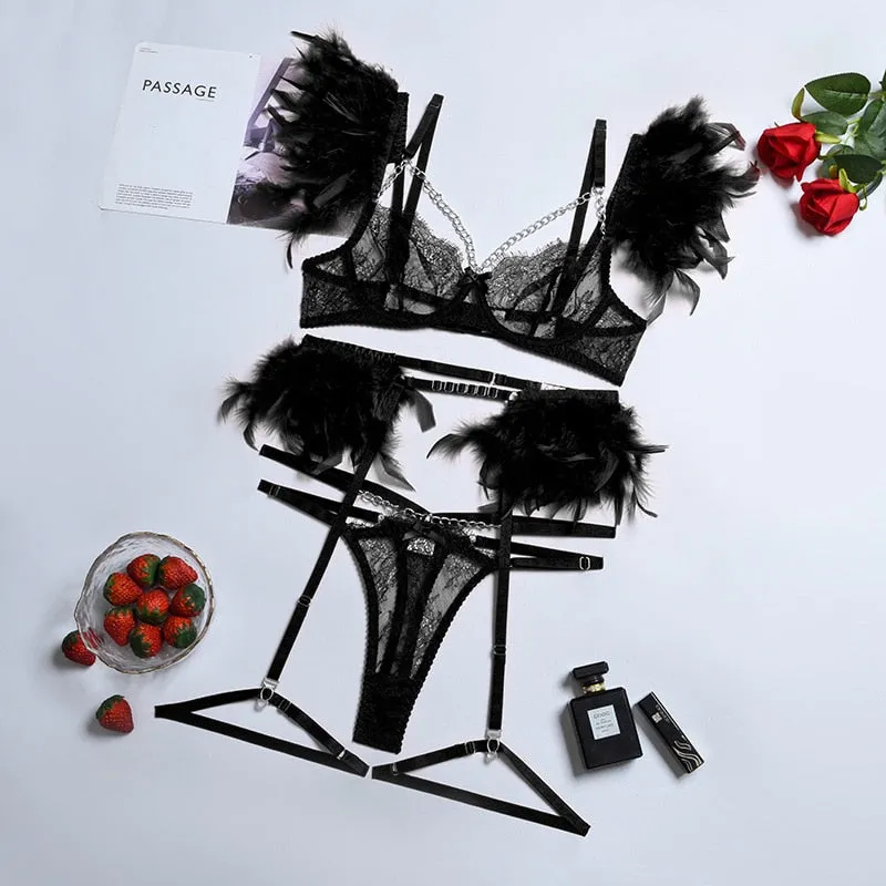 Chain Strap Flamingo Feather Lingerie Set