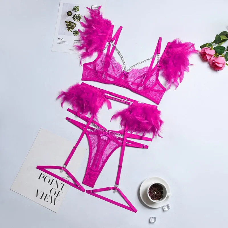 Chain Strap Flamingo Feather Lingerie Set