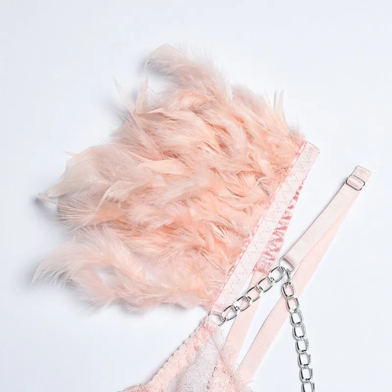 Chain Strap Flamingo Feather Lingerie Set