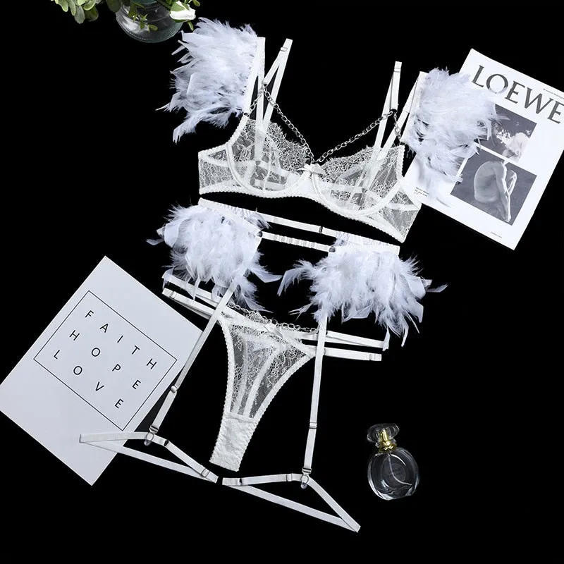 Chain Strap Flamingo Feather Lingerie Set