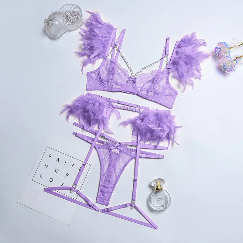 Chain Strap Flamingo Feather Lingerie Set