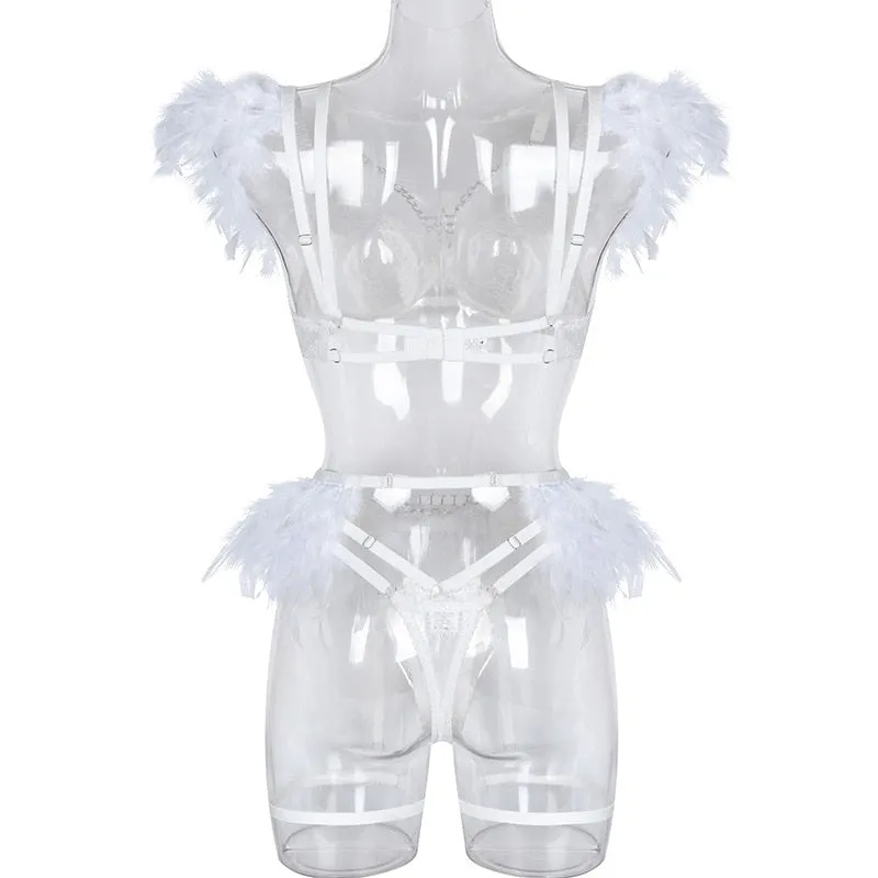 Chain Strap Flamingo Feather Lingerie Set