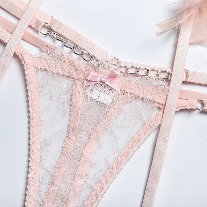 Chain Strap Flamingo Feather Lingerie Set