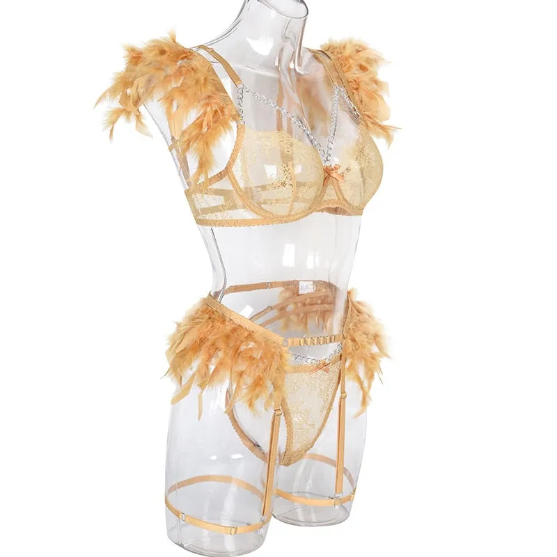 Chain Strap Flamingo Feather Lingerie Set