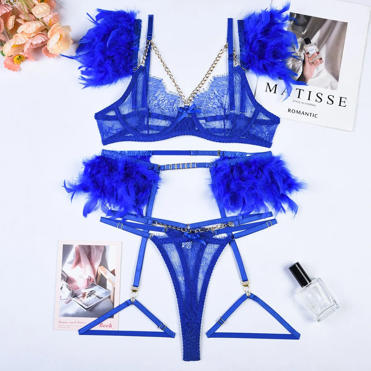 Chain Strap Flamingo Feather Lingerie Set