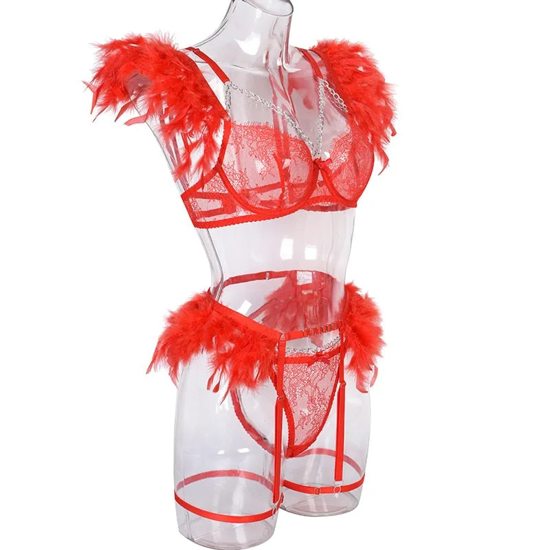 Chain Strap Flamingo Feather Lingerie Set