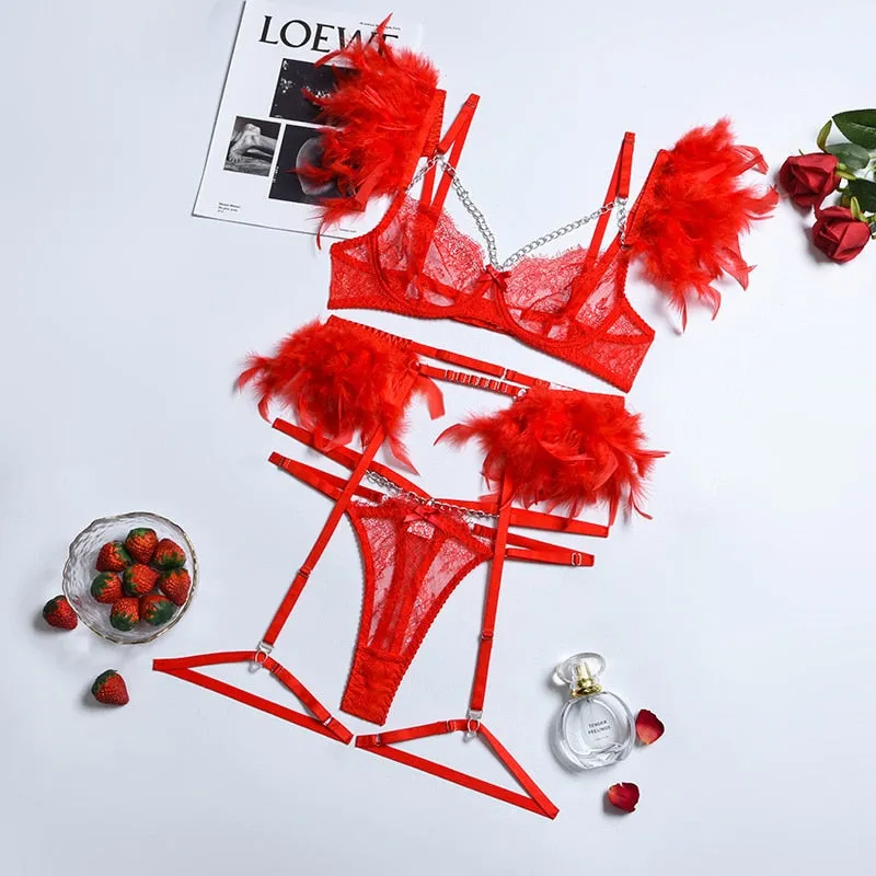 Chain Strap Flamingo Feather Lingerie Set