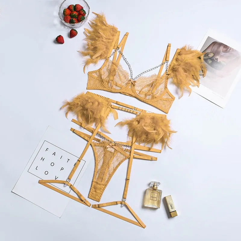 Chain Strap Flamingo Feather Lingerie Set