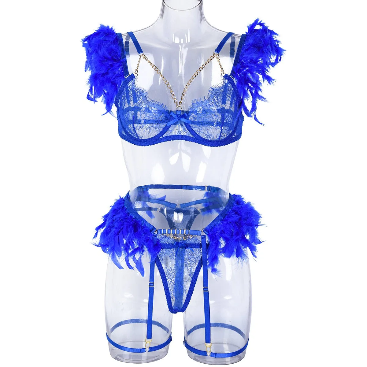 Chain Strap Flamingo Feather Lingerie Set