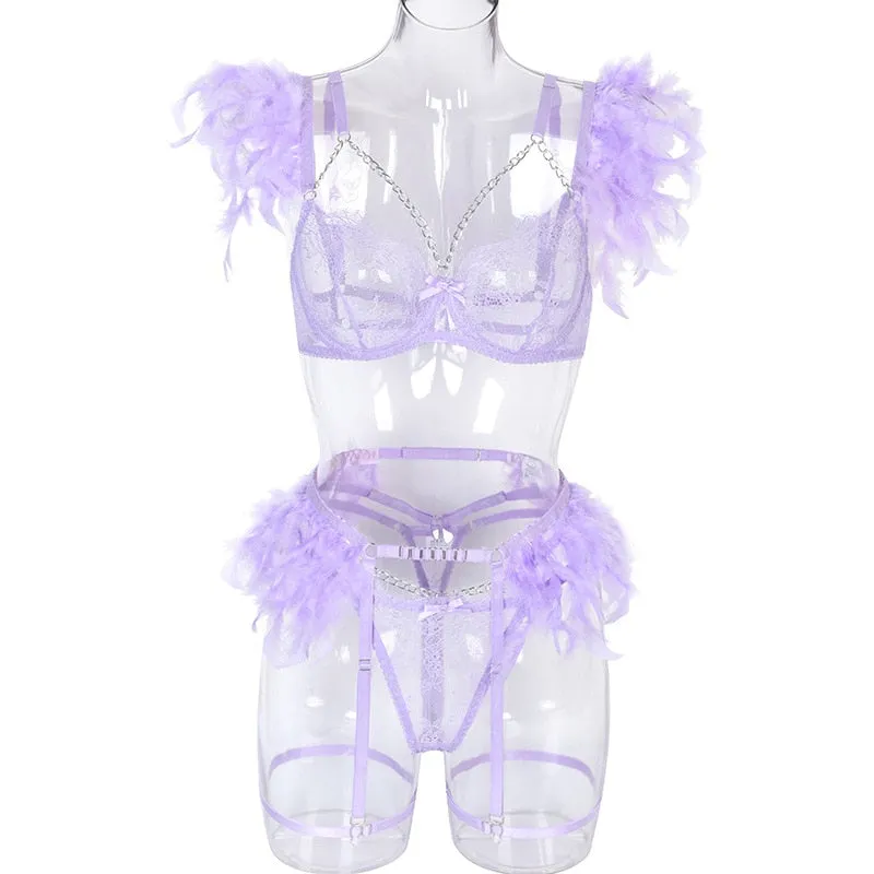 Chain Strap Flamingo Feather Lingerie Set