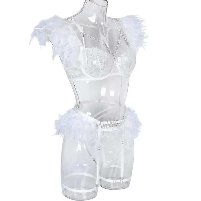 Chain Strap Flamingo Feather Lingerie Set
