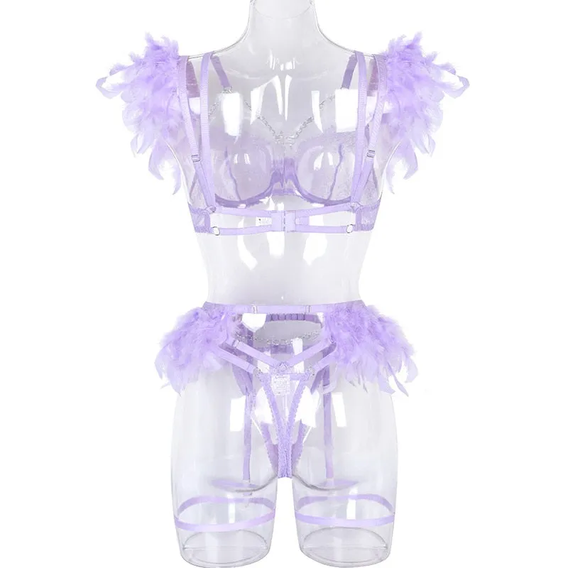 Chain Strap Flamingo Feather Lingerie Set