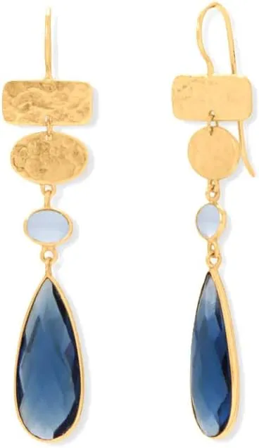 Chalcedony and Dark Blue Glass Dangle Earrings 14k Gold-plated Silver
