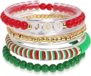 Christmas Beaded Bracelets Set for Women, Handmade Clay Beads Letter Stretch Bracelets Bulk, Adjustable White Red Green Friendship Stackable Holiday Jewelry Gift