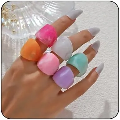 Chunky Resin Rings Set Multicolor Acrylic Plastic Rings Chunky Knuckle Stackable Finger Statement Ring Cute Trendy Y2k Ring Thin Dome Heart Geometric Rings Jewelry for Women