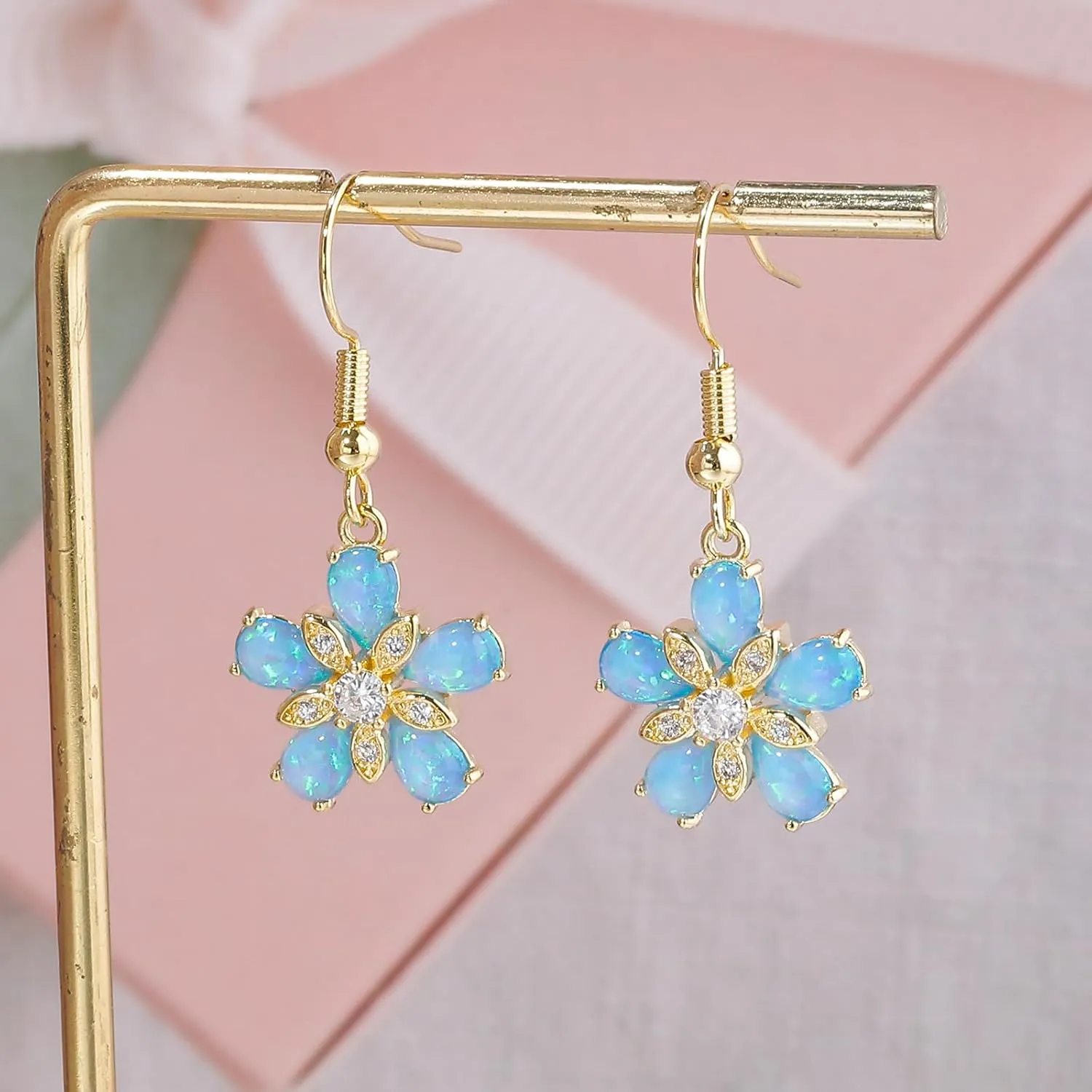 CiNily Flower Shaped Dangle Earrings for Women Girls Opal Drop Dangle Earrings 14K White/Gold Plated Dainty Leverback Dangle Earrings Lightweight Statement Jewelry for Wedding Party Birthday