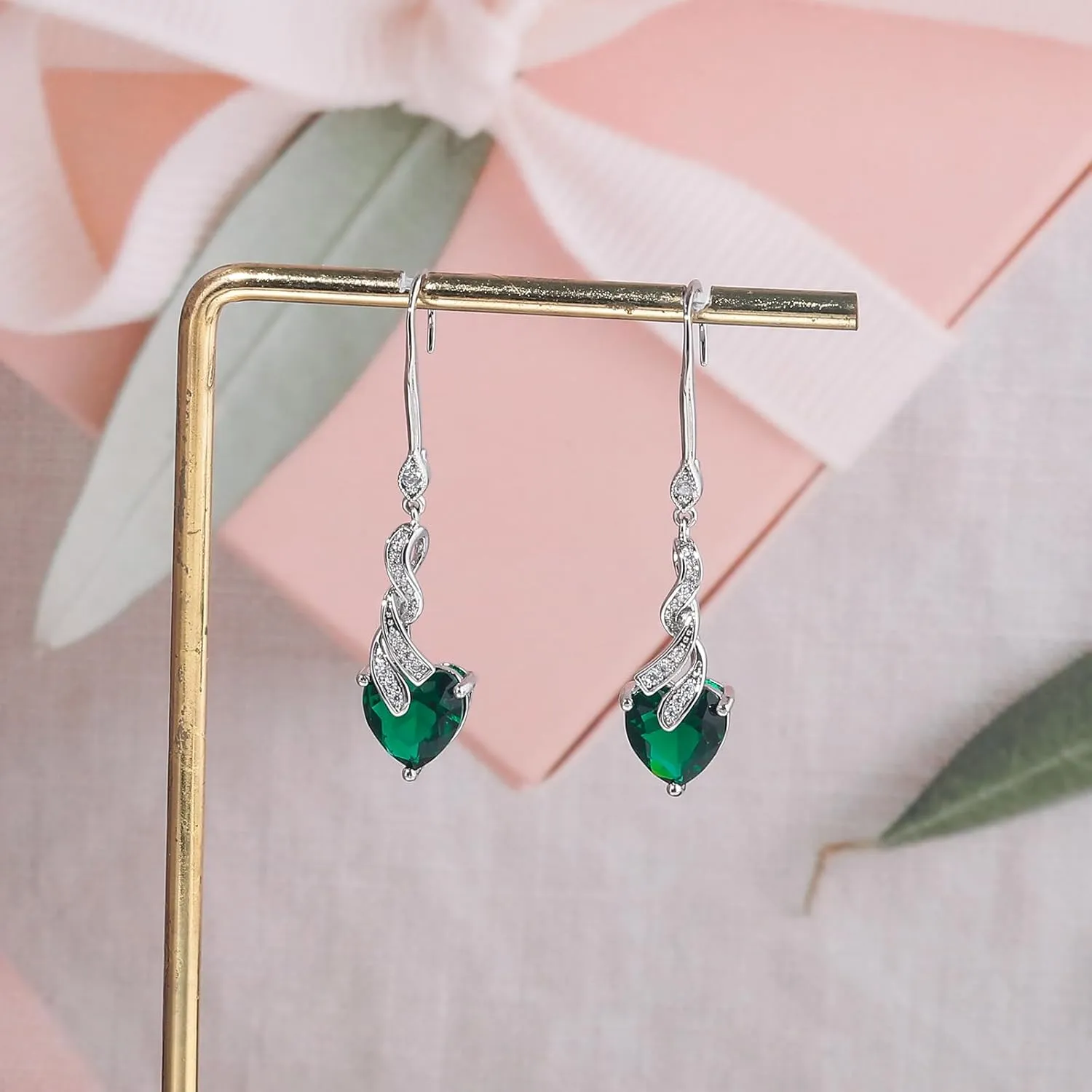 CiNily Mothers Day Gift Heart Earrings for Women Hypoallergenic, 14K White Gold Plated Dainty Birthstone Drop Earrings Cubic Zircon Leverback Dangle Earrings Jewelry Birthday Party