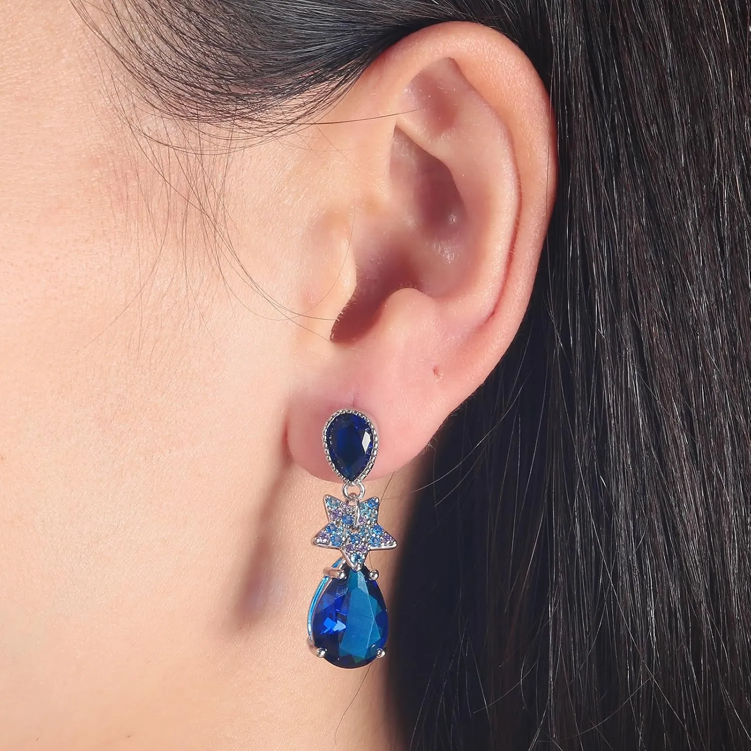 CiNily Waterdrop Star Stud Earrings for Women, 14K White Gold Dainty Birthstone Star Drop Earrings Sapphire Blue Cubic Zircon Stud Earrings Jewelry Gift Mothers Day Birthday Party
