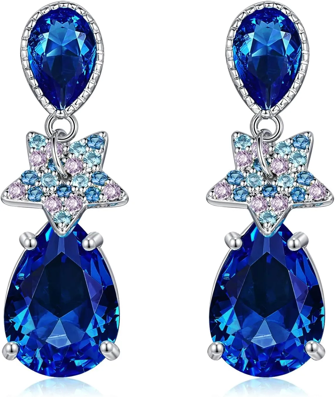 CiNily Waterdrop Star Stud Earrings for Women, 14K White Gold Dainty Birthstone Star Drop Earrings Sapphire Blue Cubic Zircon Stud Earrings Jewelry Gift Mothers Day Birthday Party