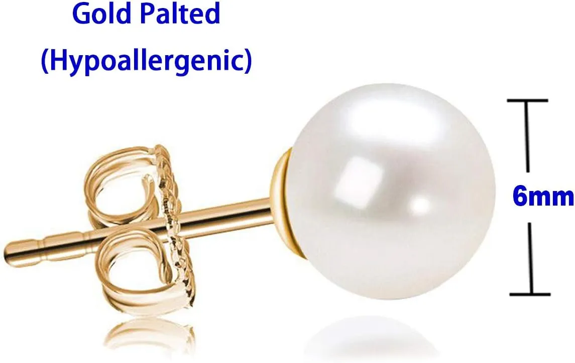 Classic Gold Plated Sterling Silver Round White Simulated Pearl Stud Earrings for Women