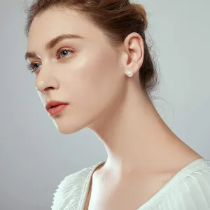 Classic Gold Plated Sterling Silver Round White Simulated Pearl Stud Earrings for Women