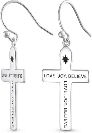 Classic Simple Cuff Drop Dangle Religious Cross Earrings For Women Teen Lever Back Fish Hook Gold Plated .925 Sterling Silver