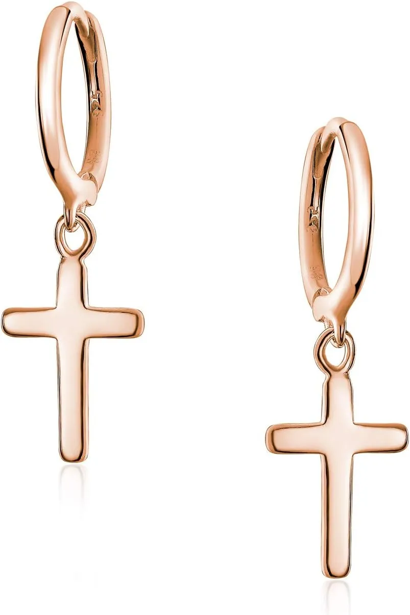 Classic Simple Cuff Drop Dangle Religious Cross Earrings For Women Teen Lever Back Fish Hook Gold Plated .925 Sterling Silver