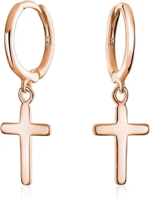 Classic Simple Cuff Drop Dangle Religious Cross Earrings For Women Teen Lever Back Fish Hook Gold Plated .925 Sterling Silver