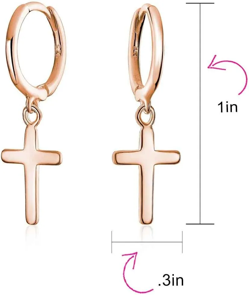 Classic Simple Cuff Drop Dangle Religious Cross Earrings For Women Teen Lever Back Fish Hook Gold Plated .925 Sterling Silver