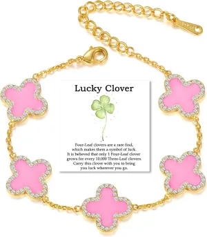 Clover Bracelet for Women 18K Gold Four Leaf Pink Lucky Link Clover Bracelets, Trendy Bracelets Set Jewelry Gifts for Women