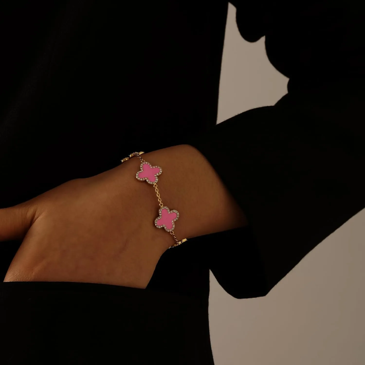 Clover Bracelet for Women 18K Gold Four Leaf Pink Lucky Link Clover Bracelets, Trendy Bracelets Set Jewelry Gifts for Women