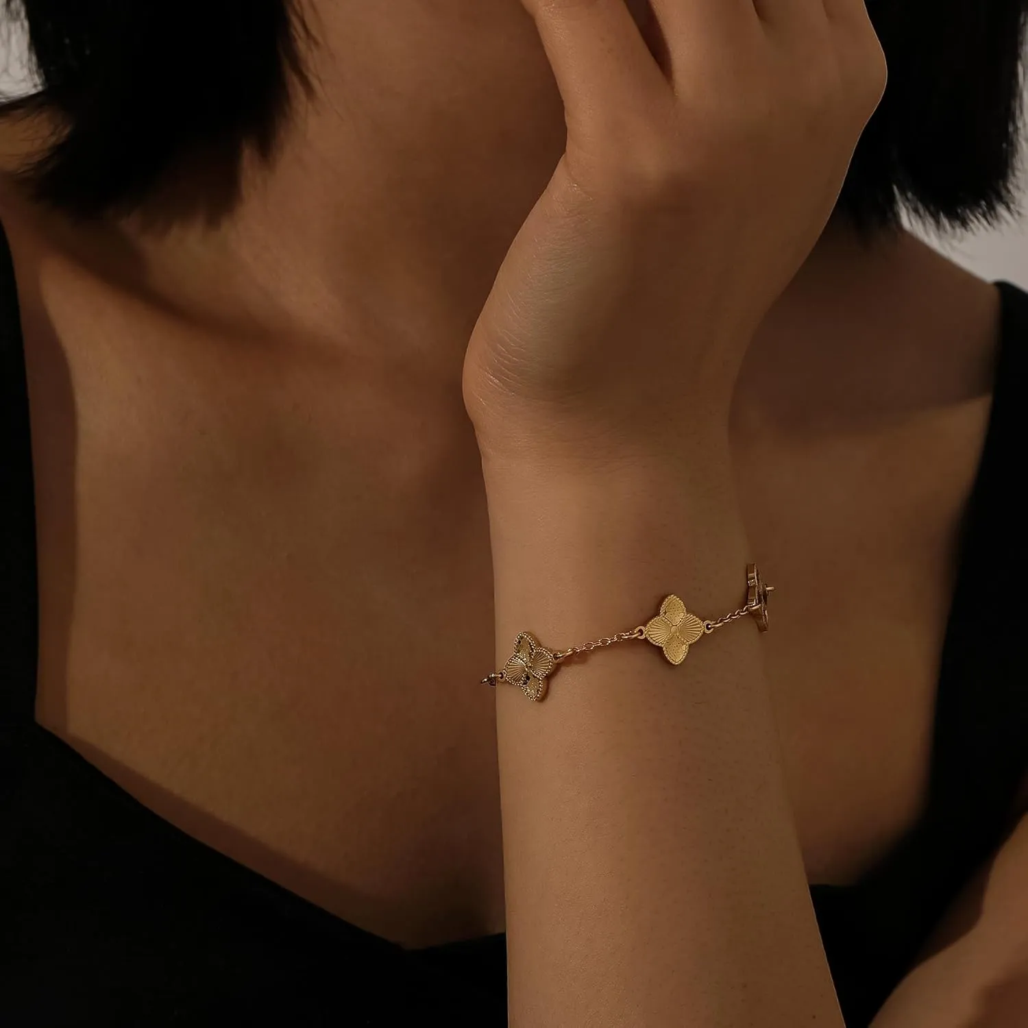Clover Bracelet for Women 18K Gold Four Leaf Pink Lucky Link Clover Bracelets, Trendy Bracelets Set Jewelry Gifts for Women