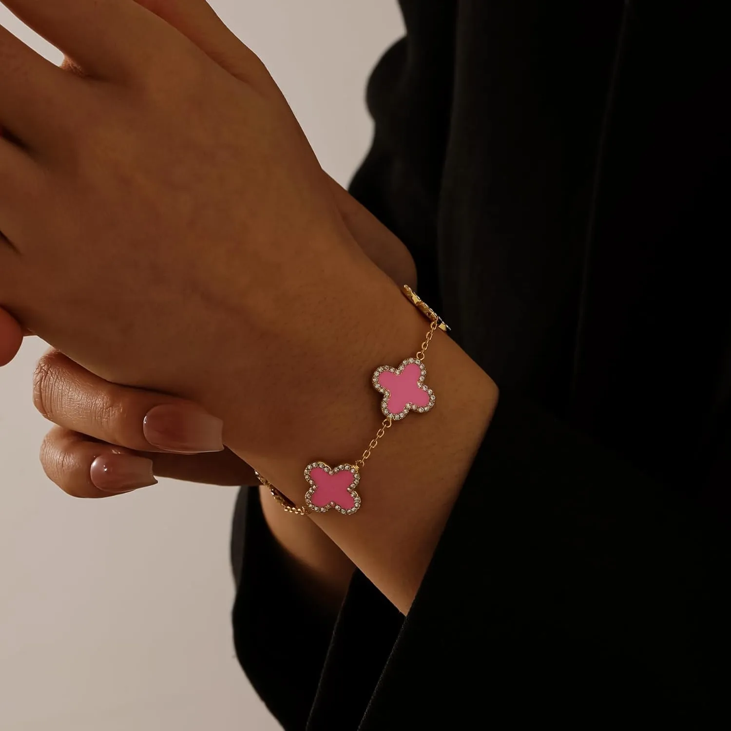 Clover Bracelet for Women 18K Gold Four Leaf Pink Lucky Link Clover Bracelets, Trendy Bracelets Set Jewelry Gifts for Women