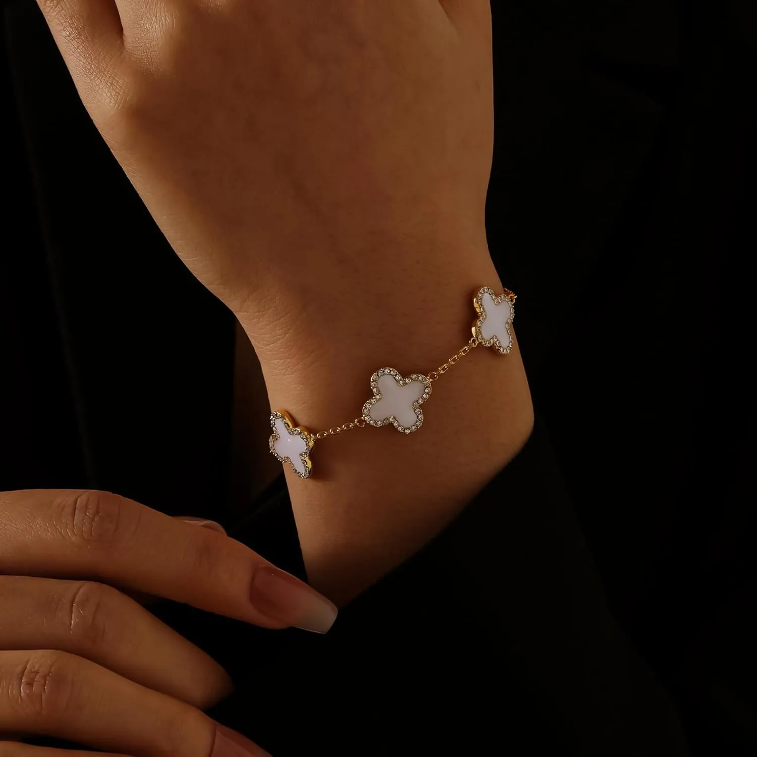 Clover Bracelet for Women 18K Gold Four Leaf Pink Lucky Link Clover Bracelets, Trendy Bracelets Set Jewelry Gifts for Women