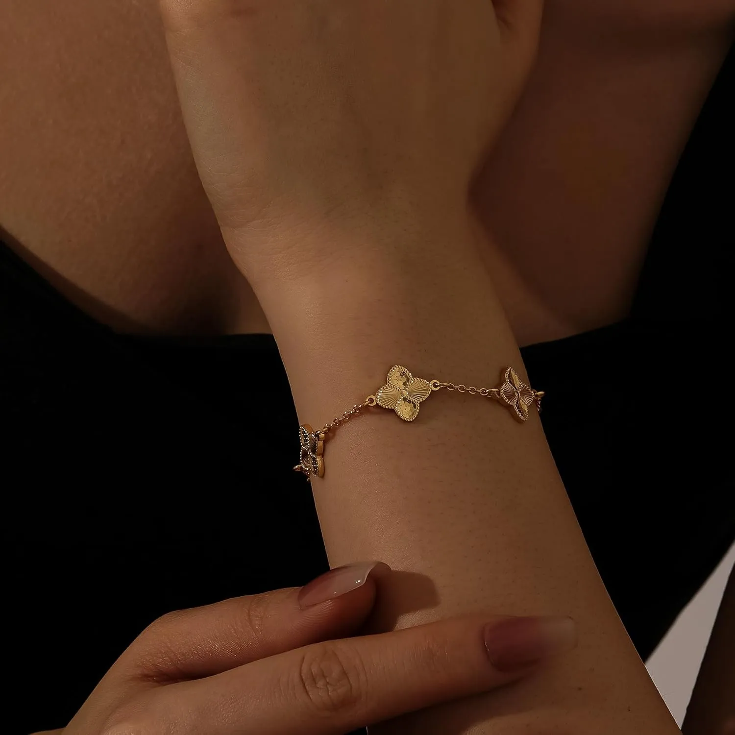 Clover Bracelet for Women 18K Gold Four Leaf Pink Lucky Link Clover Bracelets, Trendy Bracelets Set Jewelry Gifts for Women
