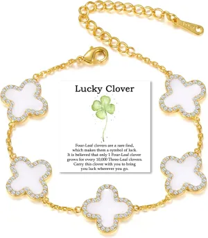 Clover Bracelet for Women 18K Gold Four Leaf Pink Lucky Link Clover Bracelets, Trendy Bracelets Set Jewelry Gifts for Women